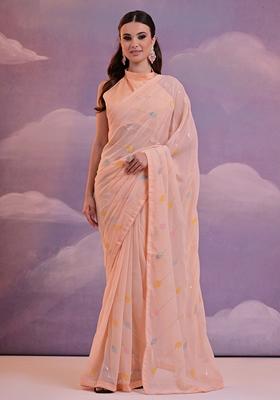 Orange Sequin Embroidered Georgette Saree Set