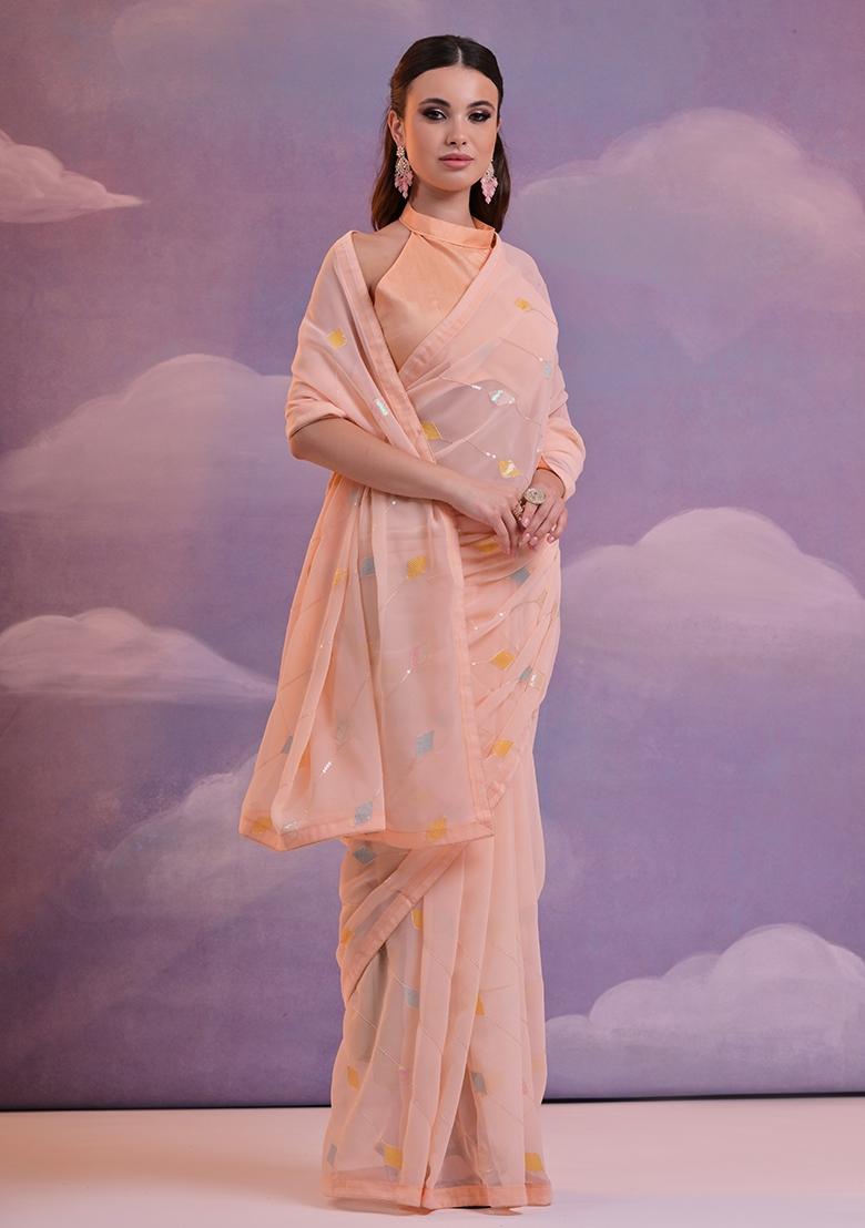 Orange Sequin Embroidered Georgette Saree Set