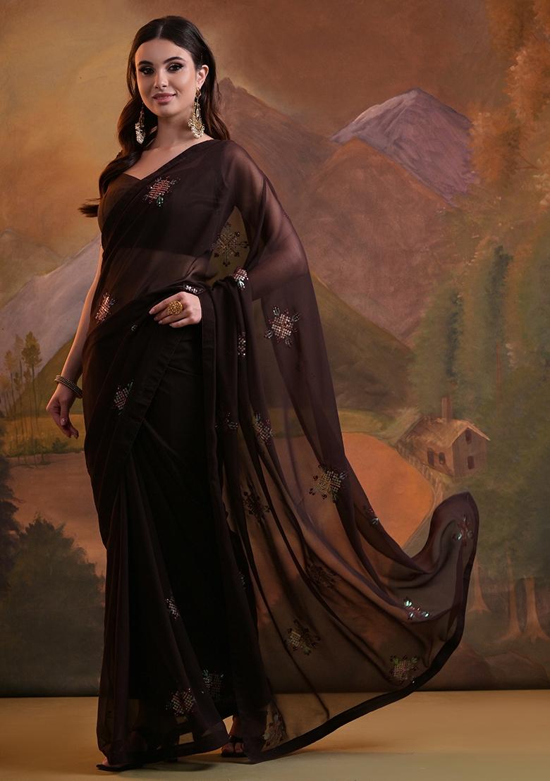 Coffee Brown Sequin Embroidered Georgette Saree Set