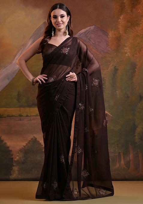 Coffee Brown Sequin Embroidered Georgette Saree Set