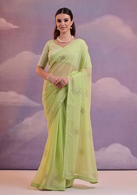 Parrot Green Sequin Embroidered Georgette Saree Set