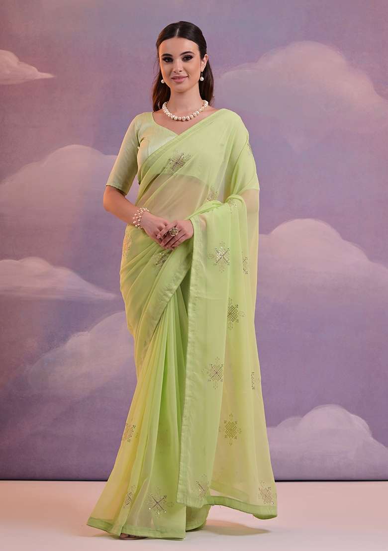 Parrot Green Sequin Embroidered Georgette Saree Set - Indya