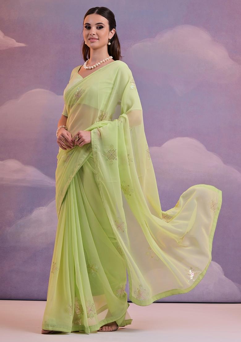 Parrot Green Sequin Embroidered Georgette Saree Set