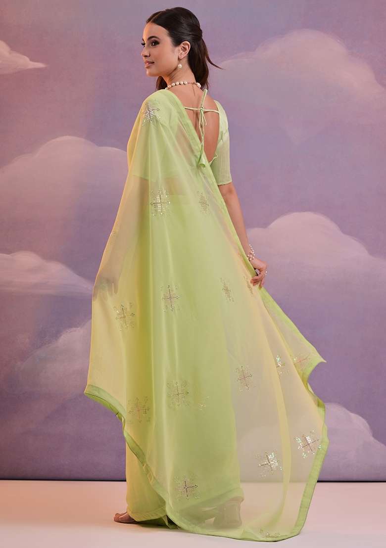 Parrot Green Sequin Embroidered Georgette Saree Set - Indya