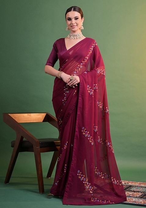 Wine Sequin Embroidered Georgette Saree Set