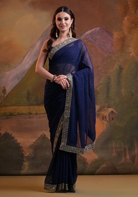 Blue Sequin Embroidered Georgette Saree Set
