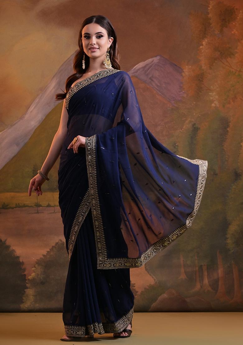 Blue Sequin Embroidered Georgette Saree Set