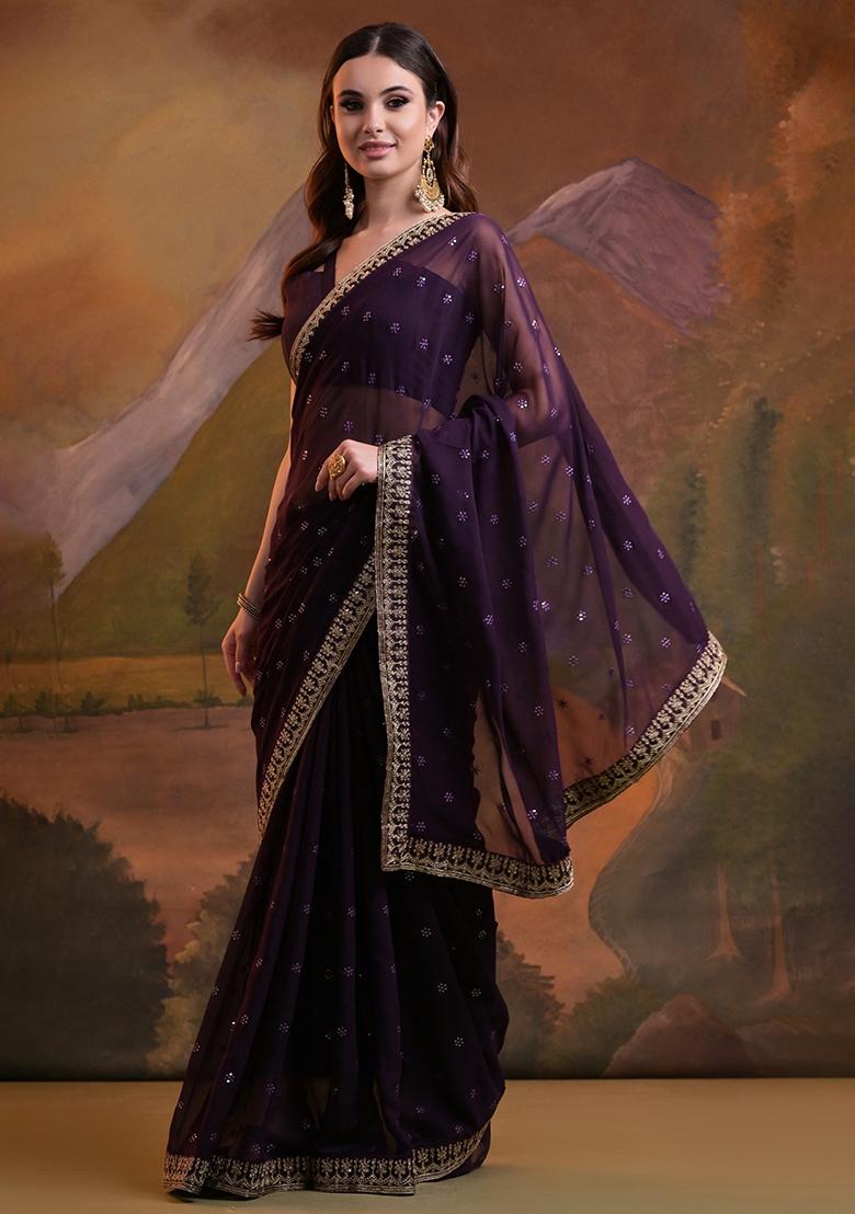 Wine Sequin Embroidered Georgette Saree Set