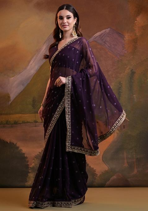 Wine Sequin Embroidered Georgette Saree Set