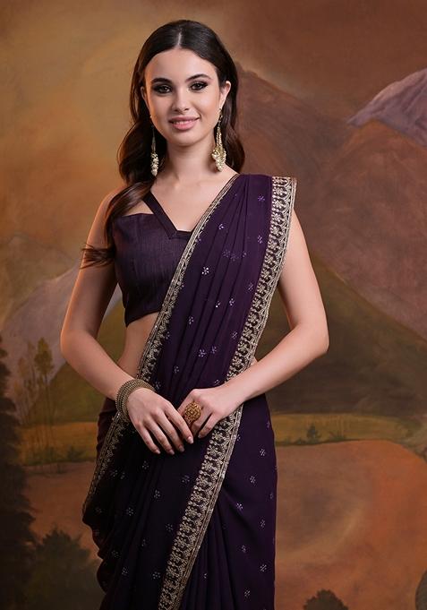 Wine Sequin Embroidered Georgette Saree Set