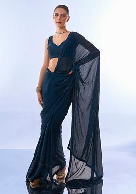 Teal Blue Swarovski Work Satin Chiffon Saree Set
