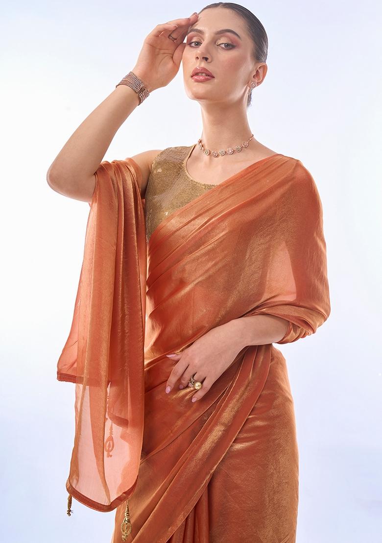 Rust Embroidered Fendy Saree Set