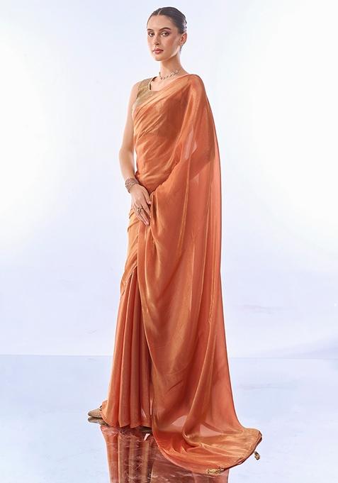Rust Embroidered Fendy Saree Set