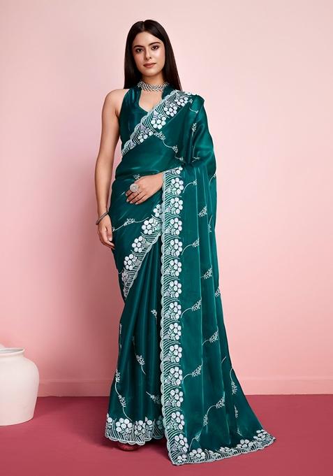 Rama Blue Sequin Embroidered Jimmy Choo Saree Set