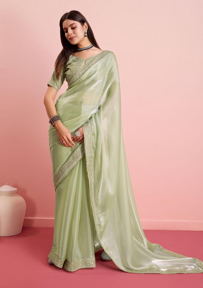 Pista Green Embroidered Jimmy Choo Saree Set