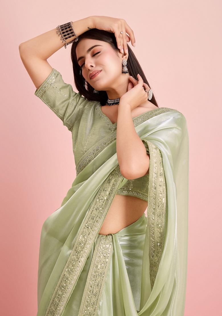 Pista Green Embroidered Jimmy Choo Saree Set