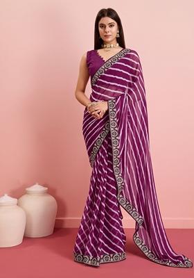 Purple Leheriya Print Embroidered Georgette Saree Set