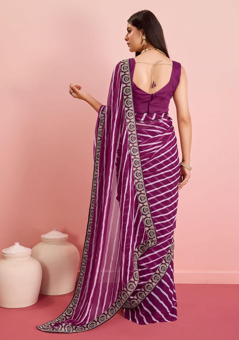 Purple Leheriya Print Embroidered Georgette Saree Set - Indya
