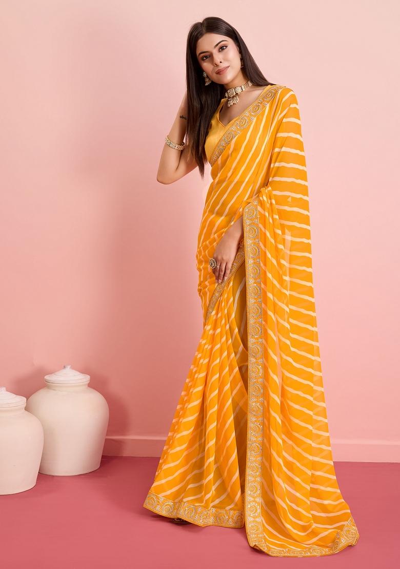 Yellow Leheriya Print Embroidered Georgette Saree Set