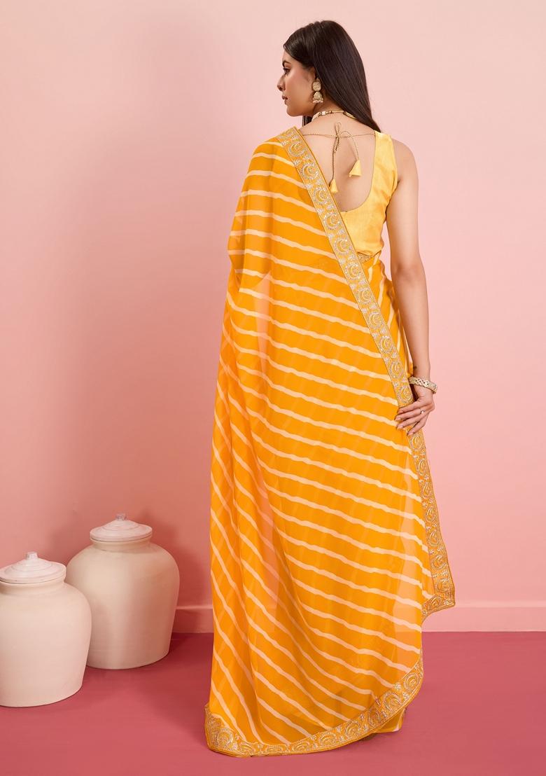 Yellow Leheriya Print Embroidered Georgette Saree Set
