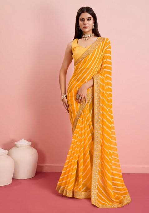 Yellow Leheriya Print Embroidered Georgette Saree Set