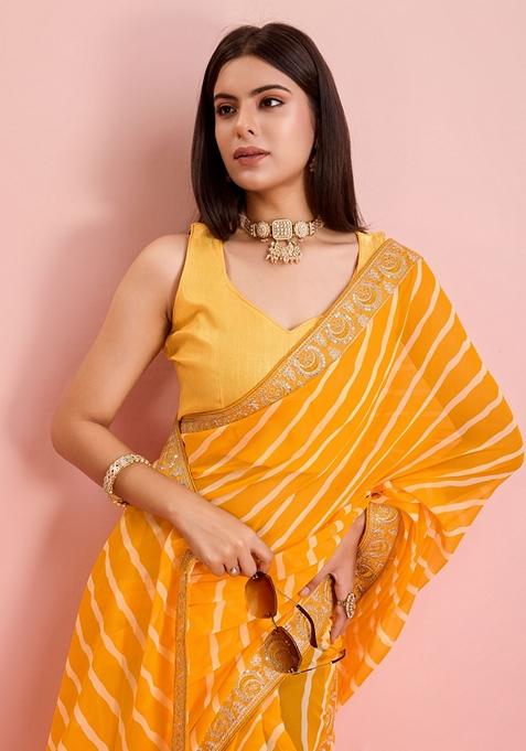 Yellow Leheriya Print Embroidered Georgette Saree Set
