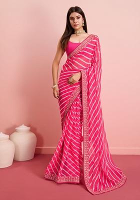 Pink Leheriya Print Embroidered Georgette Saree Set