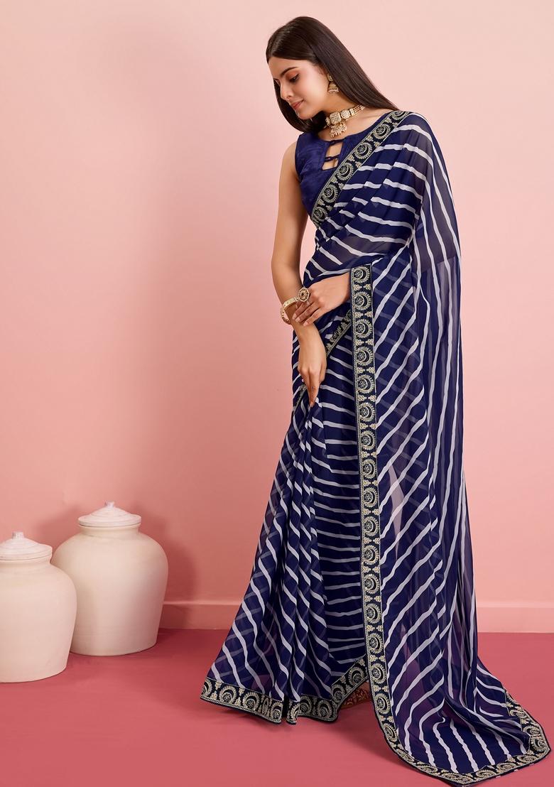 Blue Leheriya Print Embroidered Georgette Saree Set
