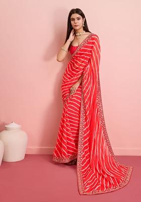 Red Leheriya Print Embroidered Georgette Saree Set