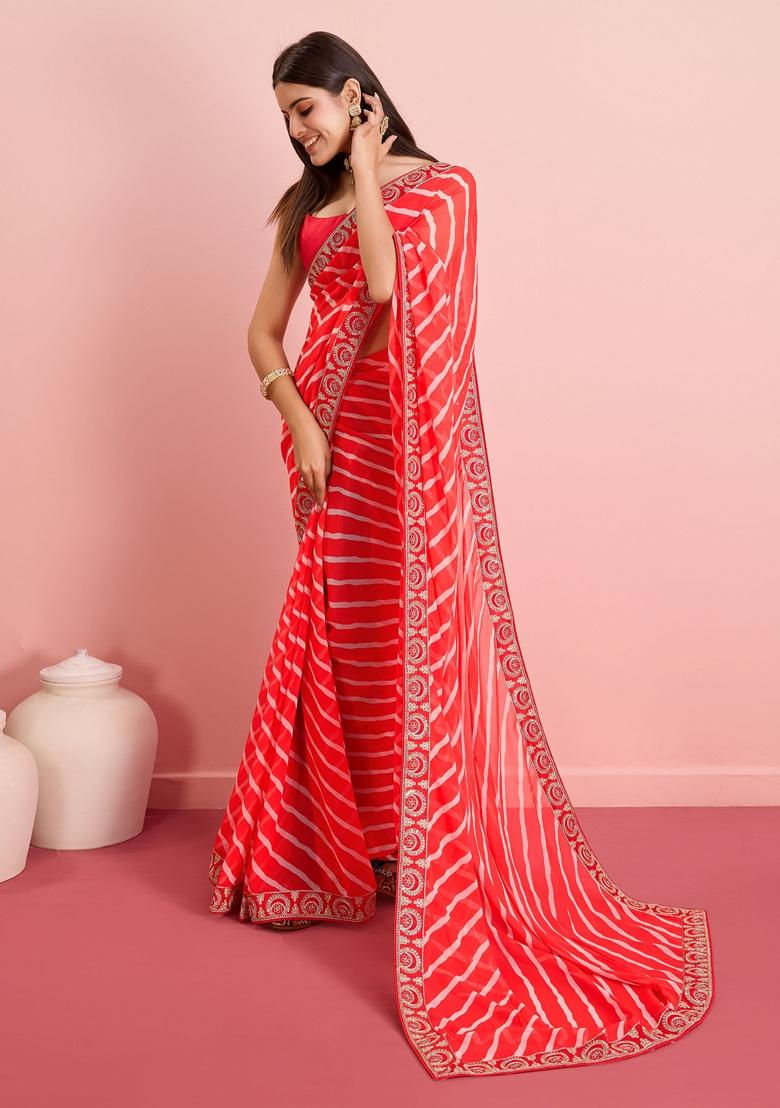 Red Leheriya Print Embroidered Georgette Saree Set