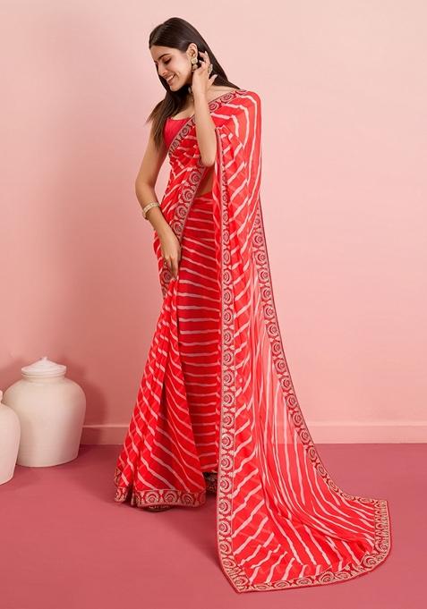 Red Leheriya Print Embroidered Georgette Saree Set