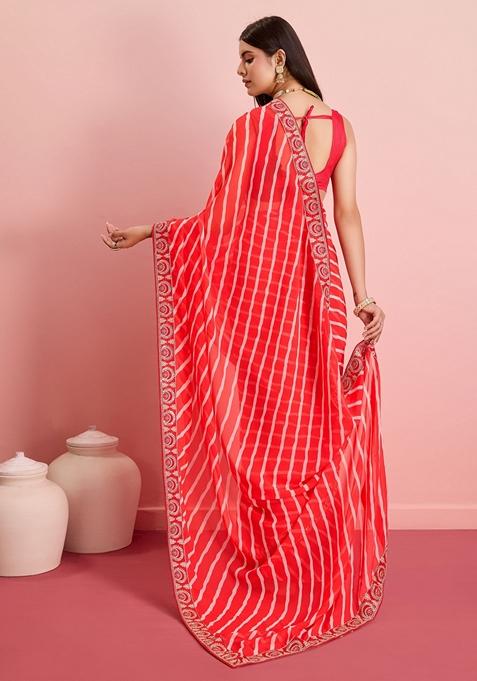 Red Leheriya Print Embroidered Georgette Saree Set