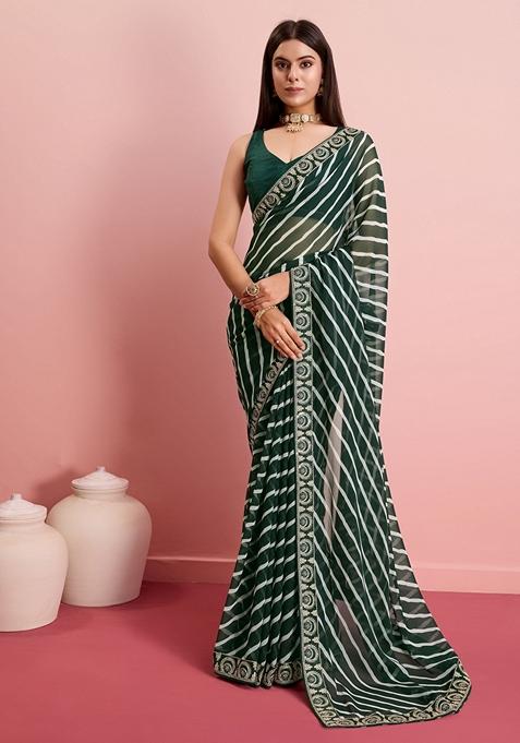 Green Leheriya Print Embroidered Georgette Saree Set