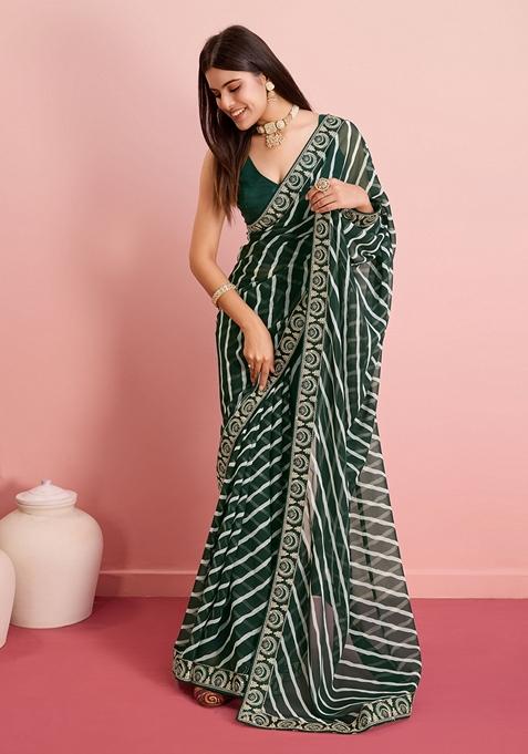 Green Leheriya Print Embroidered Georgette Saree Set