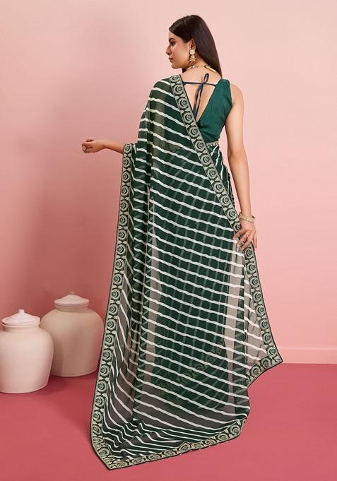 Green Leheriya Print Embroidered Georgette Saree Set