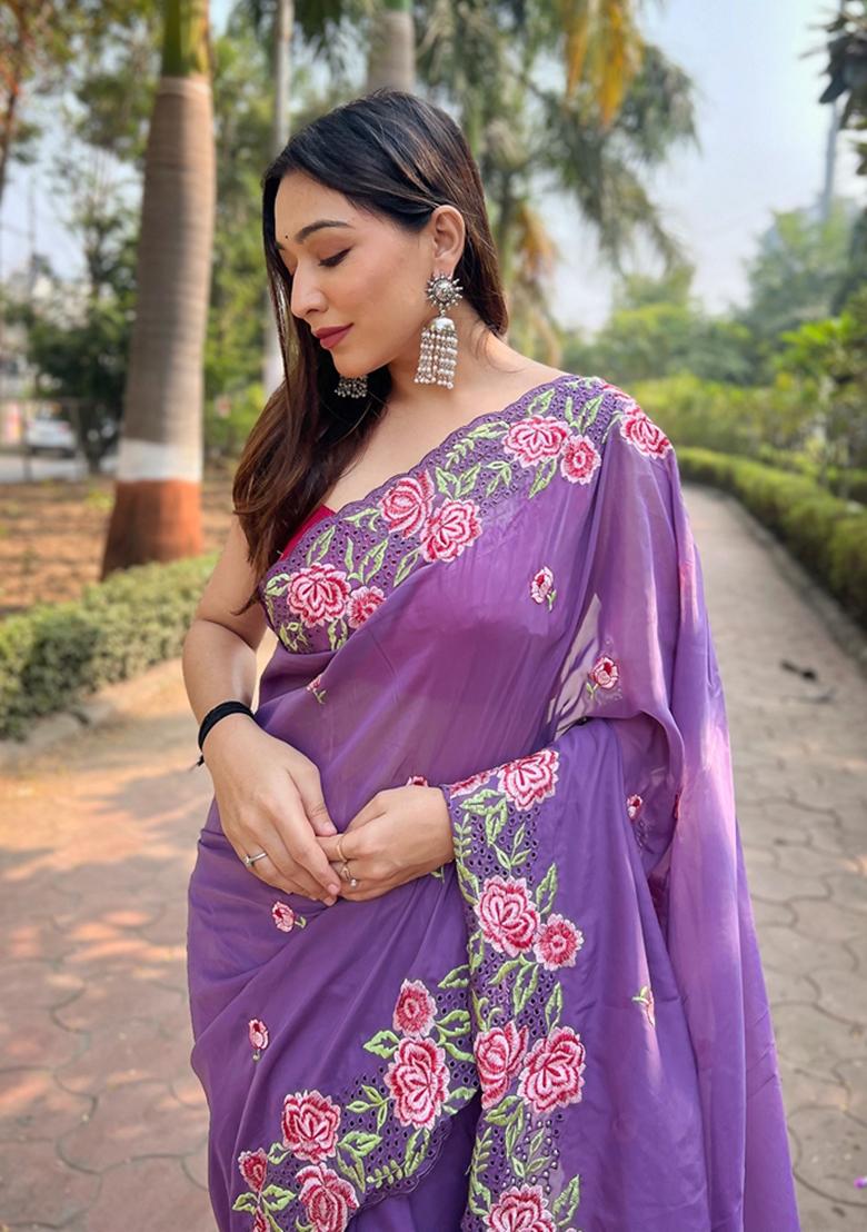 Purple Thread Embroidered Organza Saree Set
