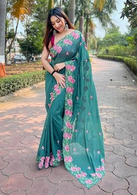 Sea Green Thread Embroidered Organza Saree Set