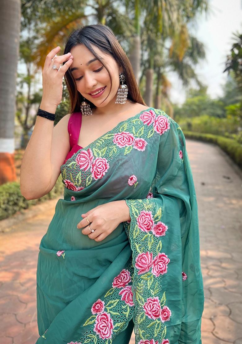 Sea Green Thread Embroidered Organza Saree Set