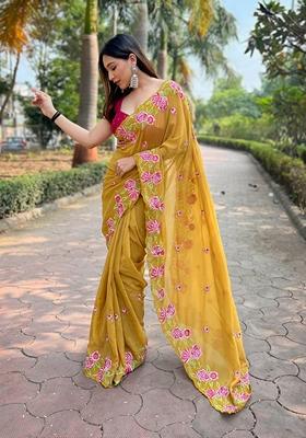 Mustard Thread Embroidered Organza Saree Set