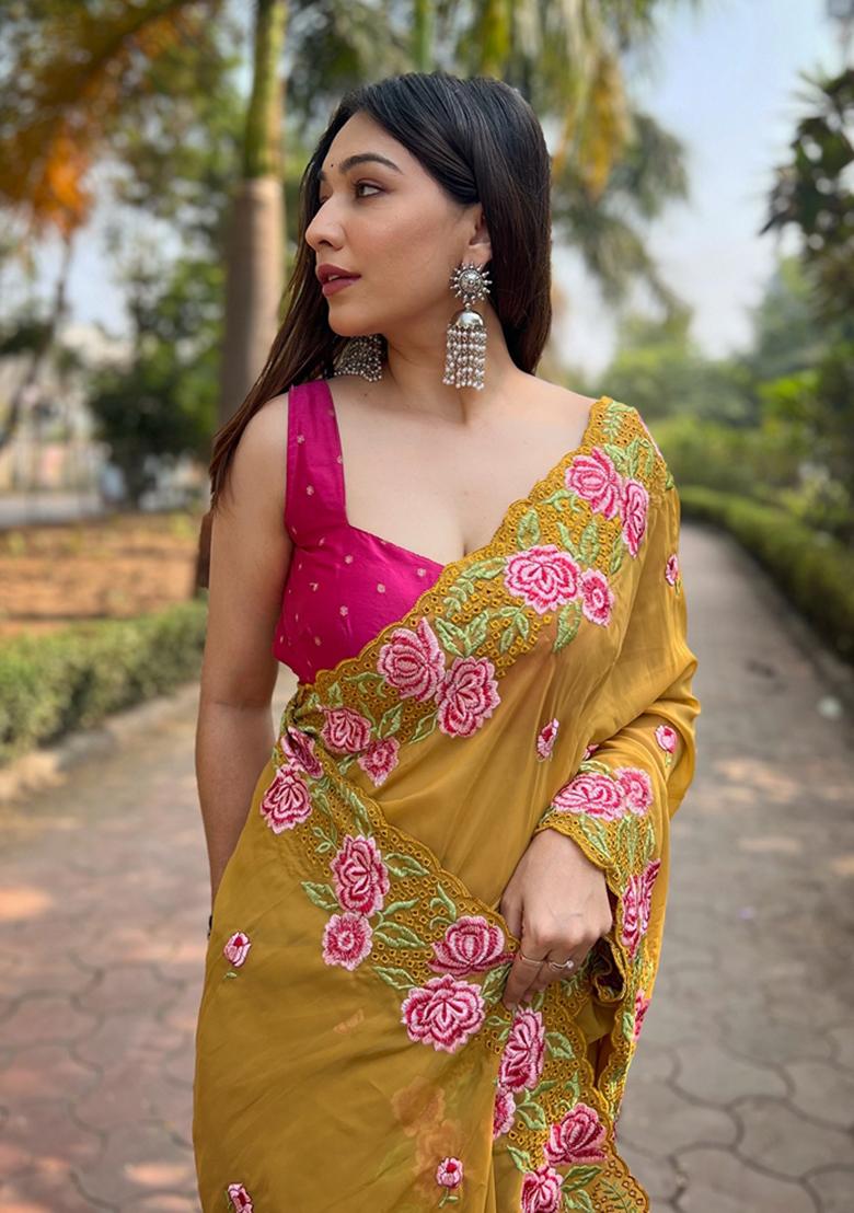 Mustard Thread Embroidered Organza Saree Set