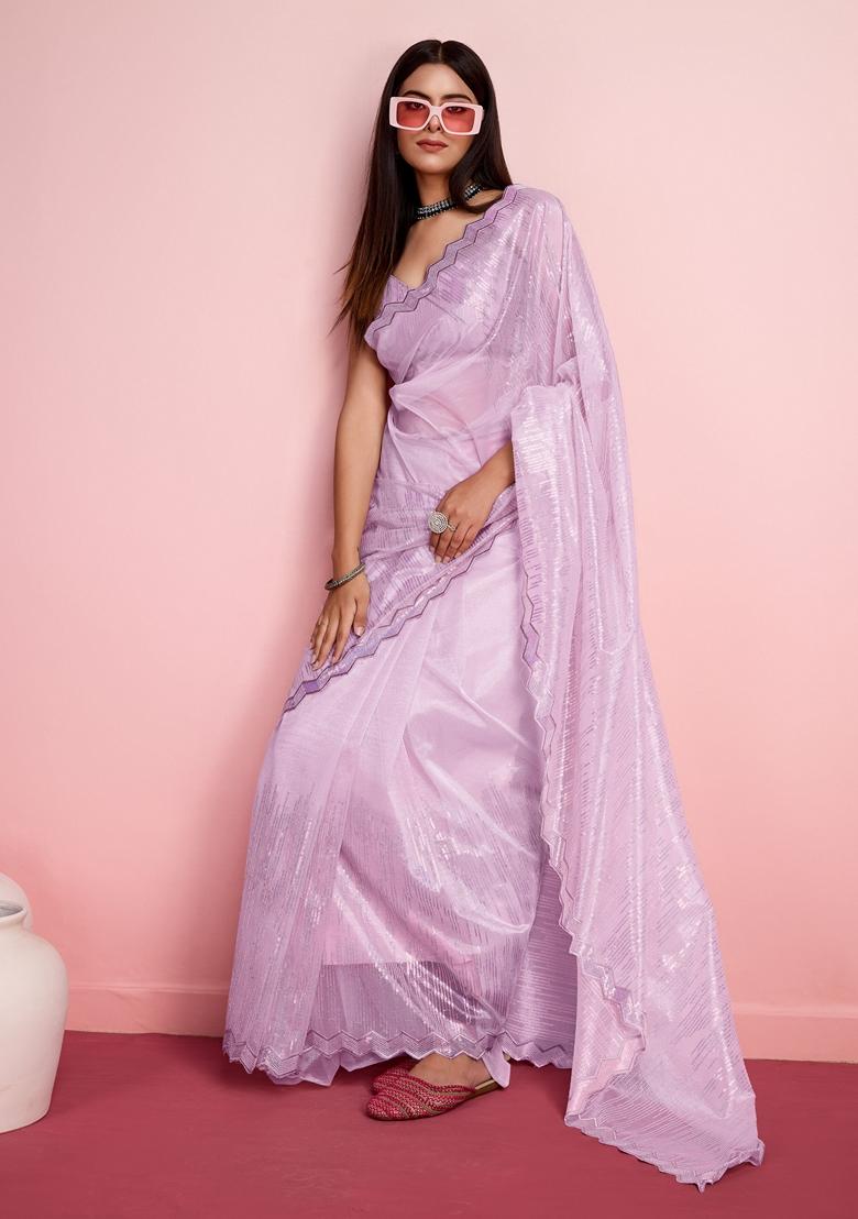 Purple Sequin Thread Embroidered Net Saree Set