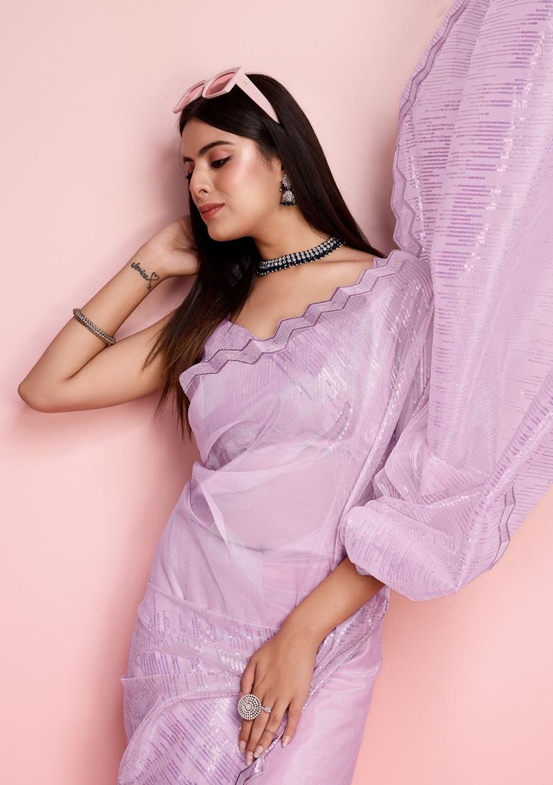 Purple Sequin Thread Embroidered Net Saree Set
