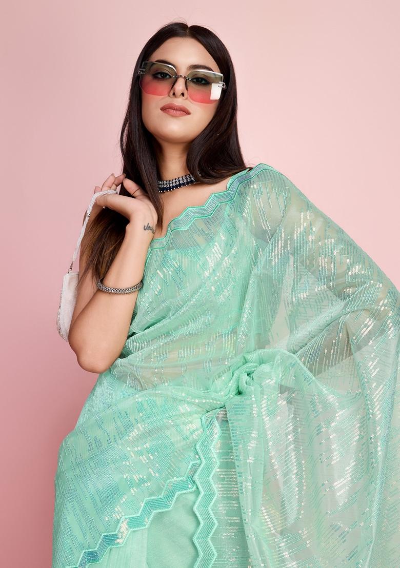 Sea Green Sequin Thread Embroidered Net Saree Set