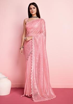 Rust Sequin Thread Embroidered Net Saree Set