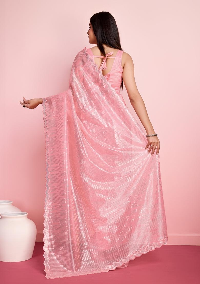 Rust Sequin Thread Embroidered Net Saree Set