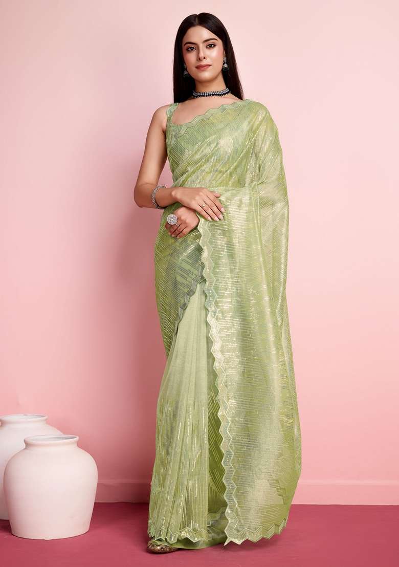 Pista Green Sequin Thread Embroidered Net Saree Set - Indya