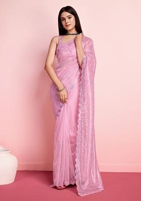Pink Sequin Thread Embroidered Net Saree Set