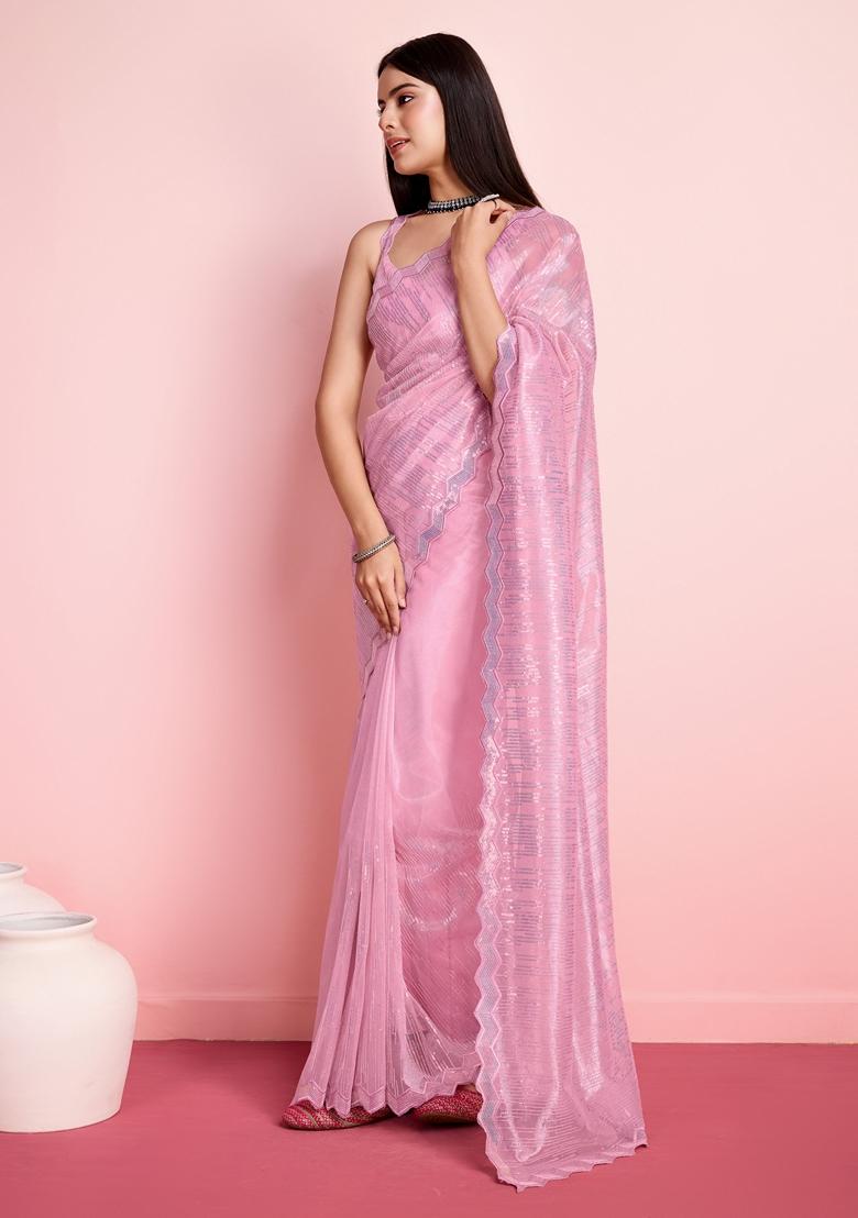 Pink Sequin Thread Embroidered Net Saree Set