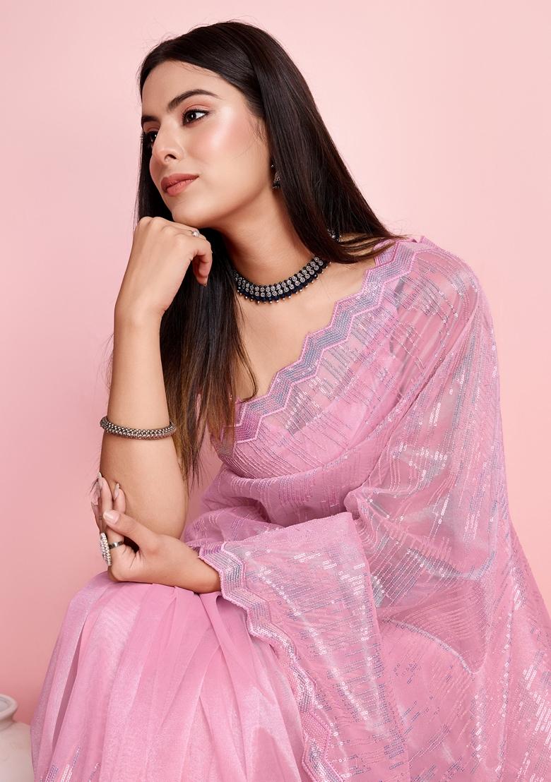 Pink Sequin Thread Embroidered Net Saree Set