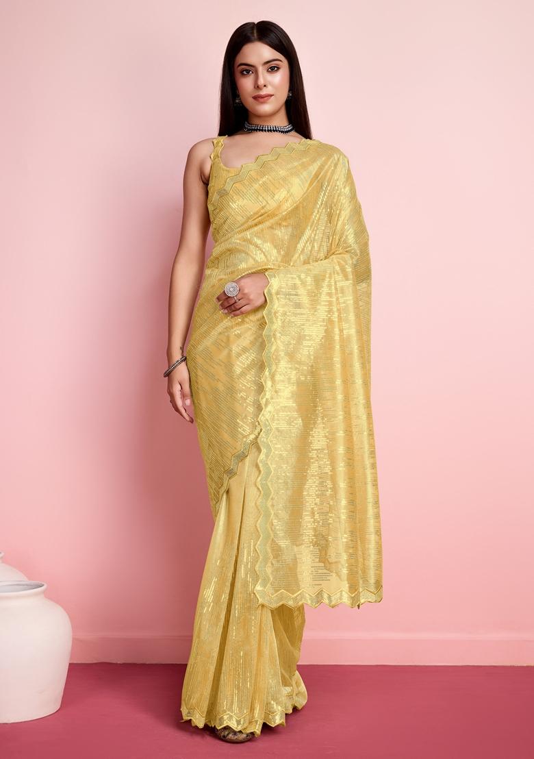 Yellow Sequin Thread Embroidered Net Saree Set